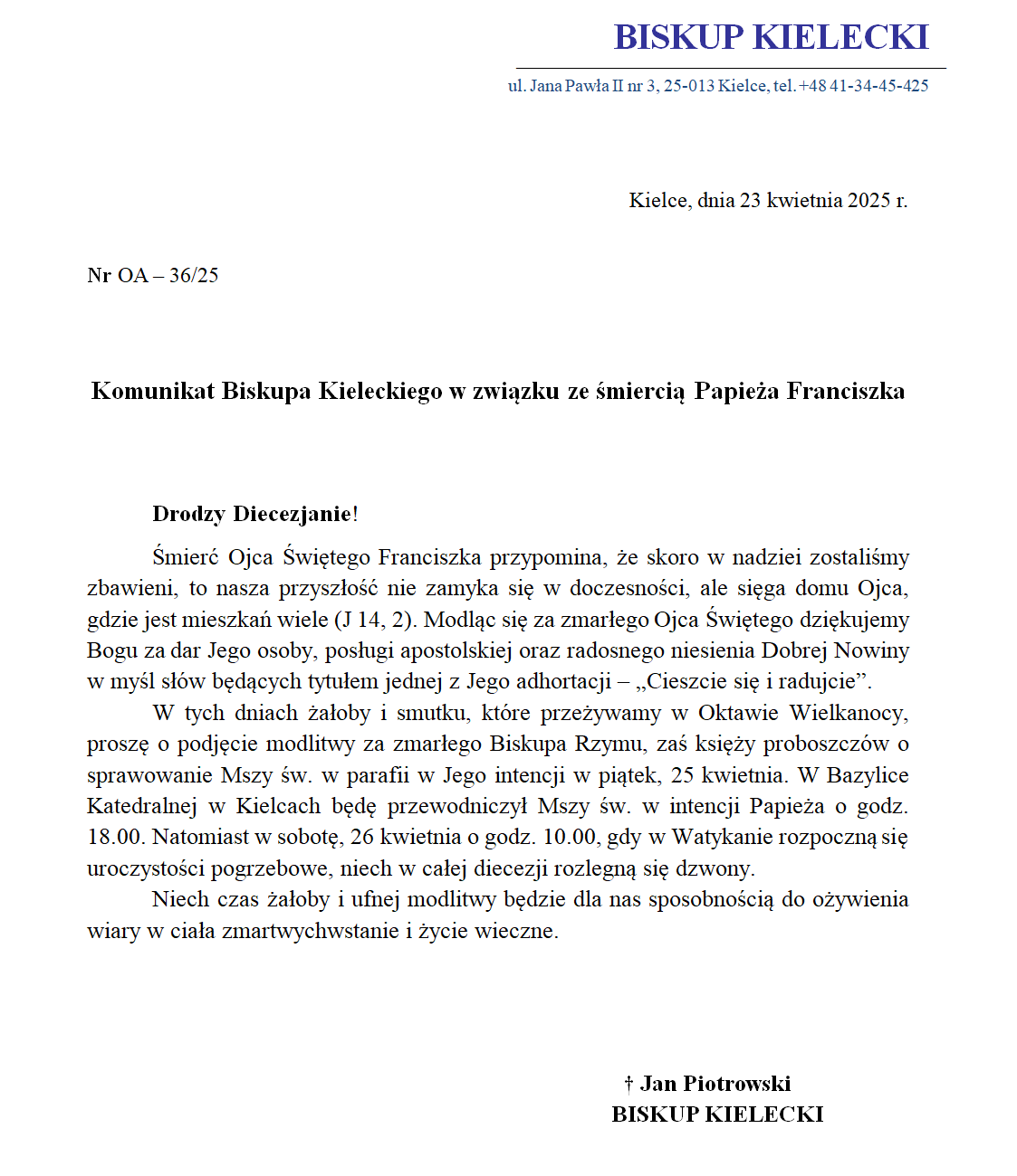 You are currently viewing Komunikat Biskupa Kieleckiego w&nbsp;związku ze&nbsp;śmiercią Papieża Franciszka