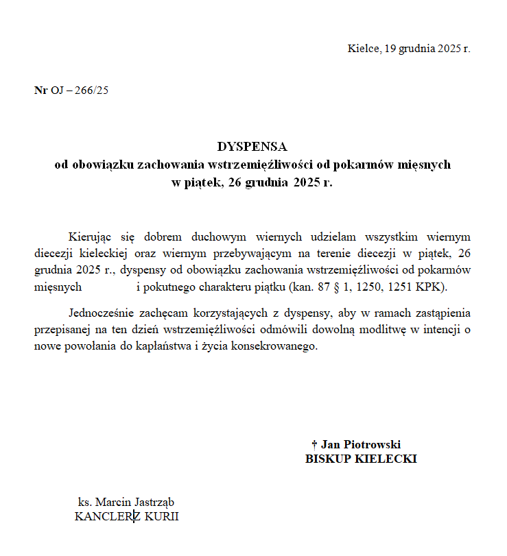 You are currently viewing DYSPENSA od&nbsp;obowiązku zachowania wstrzemięźliwości od&nbsp;pokarmów mięsnych w&nbsp;piątek, 26 grudnia 2025&nbsp;r.