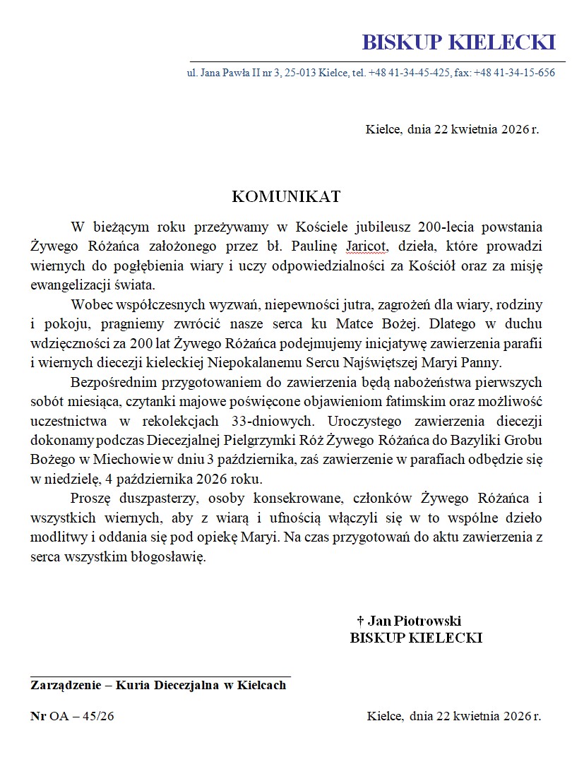 You are currently viewing Komunikat Biskupa Kieleckiego – przygotowania do&nbsp;zawierzenia diecezji Niepokalanemu Sercu NMP