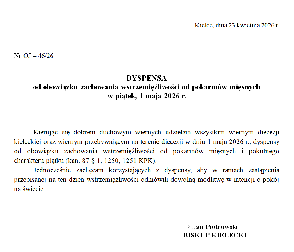 You are currently viewing DYSPENSA od&nbsp;obowiązku zachowania wstrzemięźliwości od&nbsp;pokarmów mięsnych w&nbsp;piątek, 1 maja 2026&nbsp;r.