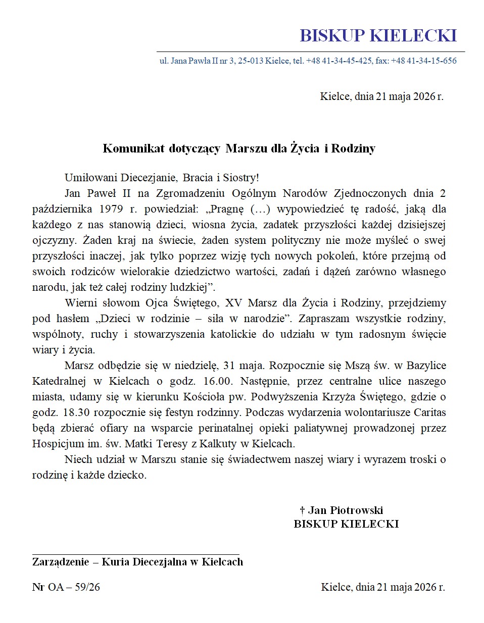 You are currently viewing Komunikat Biskupa Kieleckiego dotyczący Marszu dla Życia i&nbsp;Rodziny